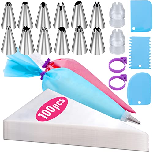 Piping Bags and Tips Set, 100Pcs 12 Inch Pastry Bags, Icing Bags Disposable for Cakes Decorating Kit Supplies with 1 Reusable Piping Bags, 1 Couplers, 12 Frosting Tips, 2 Bag Ties, 3 Cake Scraper