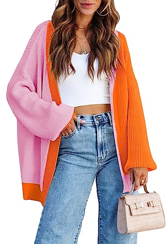 Women's Colorblock Cardigan Long Sleeve Open Front Ribbed Knit Oversized Cardigans Sweaters with Pockets Orange L