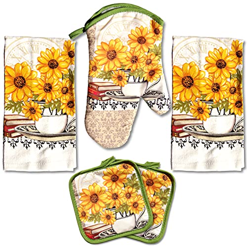 Lobyn Value Packs: Bright Sunflower 5-Piece Kitchen Set – 2 Soft Terry Dish Towels and 2 Quilted Potholders & 1 Oven Mitt for Everyday Use