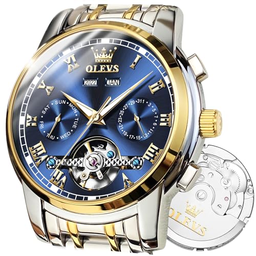 OLEVS Watches for Men Large Face Self Winding Men Stainless Steel Watch Waterproof Calendar Men Tourbillon Watch Gold and Silver Men Mechanical Watch Men Dress Watch NO Battery