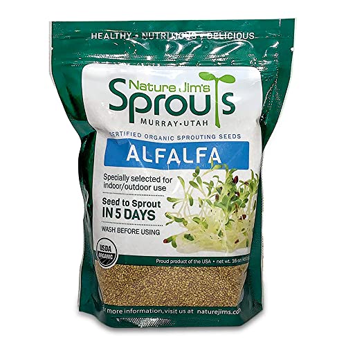 Nature Jims Sprouts alfalfa Seeds – 16 Oz Organic Sprouting Seeds – Non-GMO Premium Alfalfa Seeds – Resealable Bag for Longer Freshness – Rich in Vitamins, Minerals, Fiber