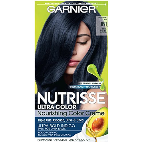 Garnier Hair Color Nutrisse Ultra Color Nourishing Creme, IN1 Dark Intense Indigo (Midnight Iris) Blue Permanent Hair Dye, 1 Count (Packaging May Vary)