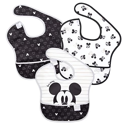 Bumkins Disney Bibs for Girl or Boy, SuperBib Baby and Toddler for 6-24 Months, Essential Must Have for Eating, Feeding, Baby Led Weaning, Mess Saving Waterproof Soft Fabric, 3-pk Mickey Mouse Icon