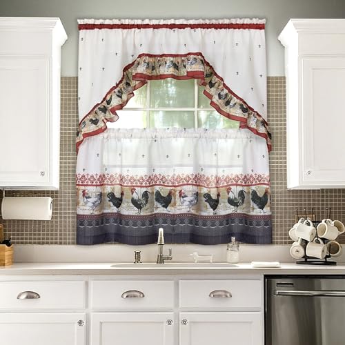 Printed Tier and Swag Window Curtain Set - 57 Inch Width, 36 Inch Length - Rooster - Machine Washable Light Filtering Polyester Drapes for Kitchen, Bedroom, Living, & Dining Room by Achim Home Decor