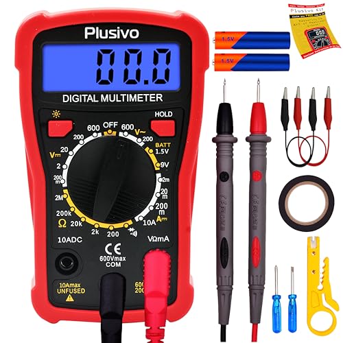 Plusivo Digital Multimeter Tester 2000 Counts AC DC Voltmeter Ohm Volt Amp Multi Meter Measures Voltage, Resistance, Current, Continuity, Tests Battery and Diode with Test Probes for Electricians