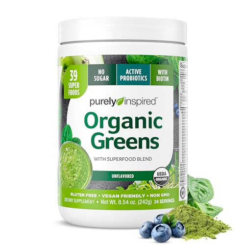 Purely Inspired Organic Green Powder Smoothie Mix, Unflavored (24 Servings) - Probiotics for Digestive Health with Spirulina & Chlorella for Gut Health - Vegan & Gluten-Free