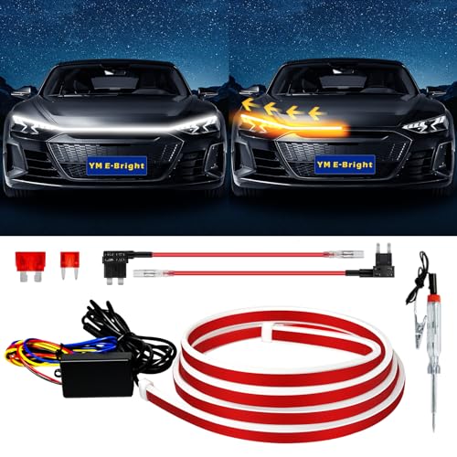 Dynamic Scan Start Up Hood Light Strip Sequential Flowing Turn Signal Flexible DRL Daytime Running Car Led Light Strip Exterior,Dual Color Amber White Switchback 12V 70inch (1 Set)