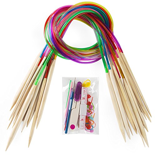 18 Pairs Bamboo Knitting Needles Set, Vancens Circular Wooden Knitting Needles with Colorful Plastic Tube, Small Tools for Weave are Included, 18 Sizes: 2mm - 10mm, 31.5' Length