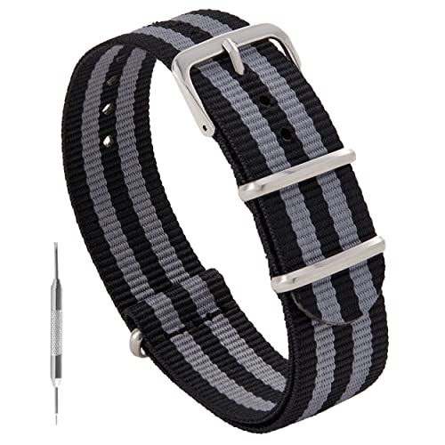 Benchmark Basics Nylon Watch Band - Waterproof Ballistic Nylon One-Piece Military Watch Straps for Men & Women (18mm, Black/Grey Bond Striped)