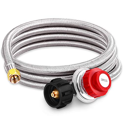 Kohree 8 FT High Pressure Propane 20 PSI Adjustable Regulator with Hose Stainless Steel Braided QCC-1 Type Connection for Turkey Fryer, Firepit, Newer U.S. 5-40lb Propane Gas Tanks, Cooker