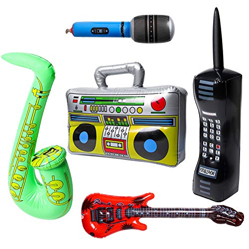 WATINC 5Pcs Inflatable Rock Star Party Favor, Inflatable Boom Box Mobile Phone Guitar Party Props for 80's 90's Party Decorations, Rock and Roll Party Favors Supplies, Christmas Birthday Party Gifts