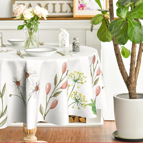 Horaldaily Spring Summer Tablecloth 70x70 Inch Round, Easter Watercolor Wild Flowers Blooming Floral Table Cover for Party Picnic Dinner Decor