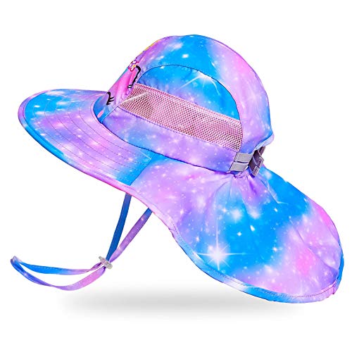 Kids Sun Hat UV Protection Unicorn Summer Beach Play Hats Wide Brim Neck Flap for Girls 2-9 Years, Blue Purple