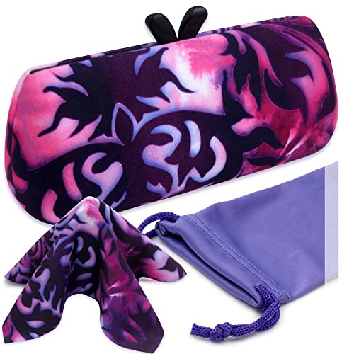 Cute glasses case - small designer sunglasses case - Chic Eyeglass Case - Women purple glasses with handles with Pouch & Cloth (AS461 Purple Damask)