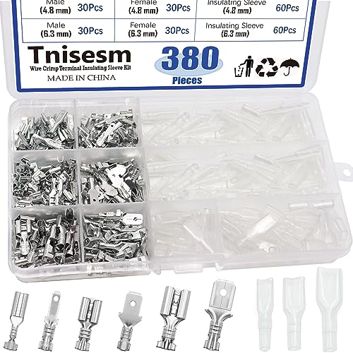 Tnisesm 380Pcs Quick Splice 2.8/4.8/6.3mm Male and Female Wire Spade Connector Wire Crimp Terminal Block with Insulating Sleeve Assortment Kit for Car Audio Speaker Electrical Wiring TN-T02