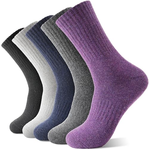 Merino Wool Socks for Women Hiking Warm Winter Thick Boot Thermal Cozy Crew Work Soft Ladies Socks Gift 5 Pack Stocking Stuffers（ Purple/Blue/Black/Grey/Dull Grey）