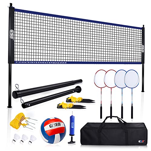 GSE Volleyball and Badminton Combo Set with Net, Portable Volleyball Net Set System for Backyard Lawn/Beach, Adjustable Height Steel Poles, PU Volleyball with Pump and Carrying Bag(Recreational Set)