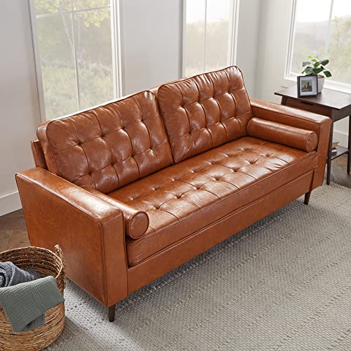 Edenbrook Lynnwood Upholstered Sofa - Couch for Living Room Office or Bedroom - Mid-Century Modern Design Furniture - Buttonless Tufting - Simple Assembly - 2 Bolster Pillows - Camel Faux Leather