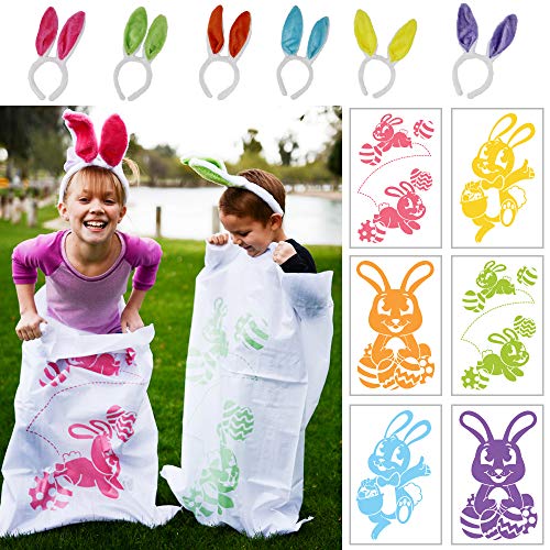 JOYIN 6 Easter Potato Sack Race Jumping Bags 24 * 40 with Bunny Ears Headbands for All Ages Kids Easter Theme Party Favor, Easter Eggs Hunt Game Activities,Easter Party Supplies, Party Games
