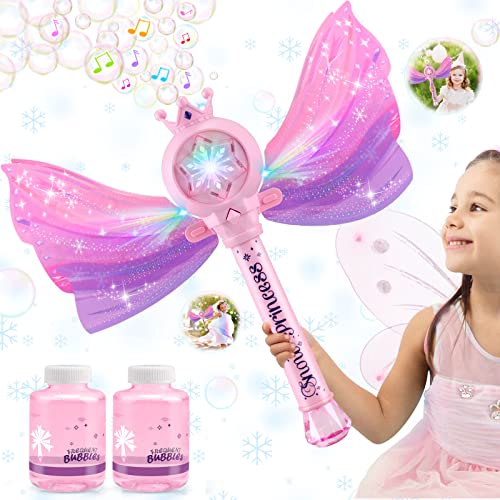 Britik Bubble Wands for Kids Girls - LED Light & Music Bubble Machine: 3 AA Batteries & 2 Bubble Solutions, Outdoor Party Birthday Toys for Toddlers, Gift for 3 4 5 6 7 8 Year Old Girls