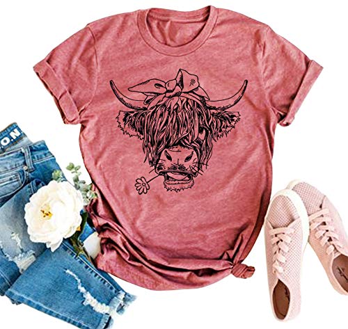 Cow Shirts for Women Cute Cattle Cowgirl T-Shirt Funny Animal Graphic Farm Life Tee Casual Short Sleeve Holiday Tops (As Shown, L)