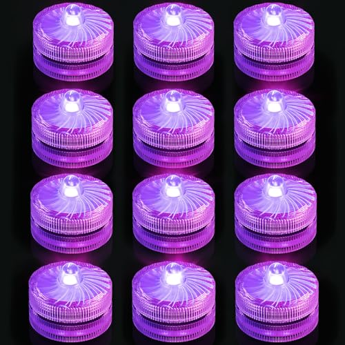 Submersible Led Lights, Purple Waterproof Flameless Candle Tea Lights, Battery Powered Underwater Small LED Light for Vase Fountain Pool Wedding Centerpieces Party Decorations,12 Pack