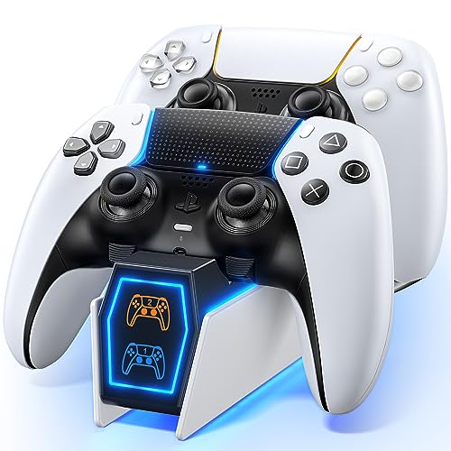 PS5 Controller Charger Station Compatible with Playstation 5 Skin Edge & Dual Controller, PS5 Accessories Charging Station with Charging Cable, PS5 Charging Dock Stand with LED Indicators, White