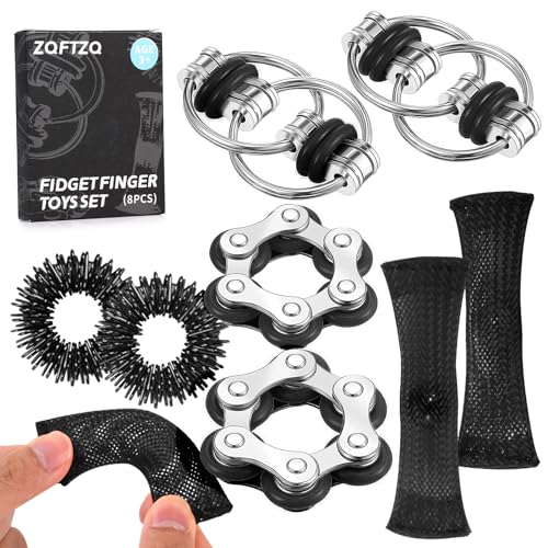 ZQFTZQ 8Pcs Sensory Fidget Toys with Fidget Spinner Anxiety Toys Acupressure Rings Bike Chain Marble Mesh and Flippy Chain Desk Fidgets Stim Toys for Autism Fidget Toy for Teens Adults Boys & Girls