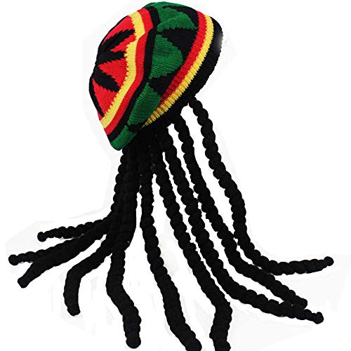 HZYFP Dreadlocks Wig Hat Reggae Jamaican Style Rasta Hat Crocheted Knitted Beret Cap Long Black Hair Costume (Black)