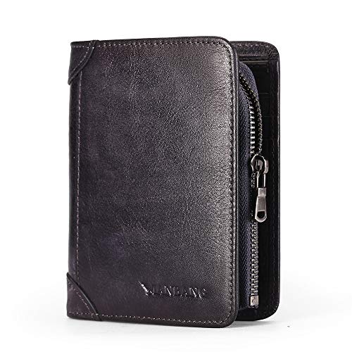 MANBANG Mens Wallet Zipper Genuine Leather RFID Card Holders Cowhide Zip Coin Pocket Bifold wallets for men Brown(anti-theft brush) (Dark blue)