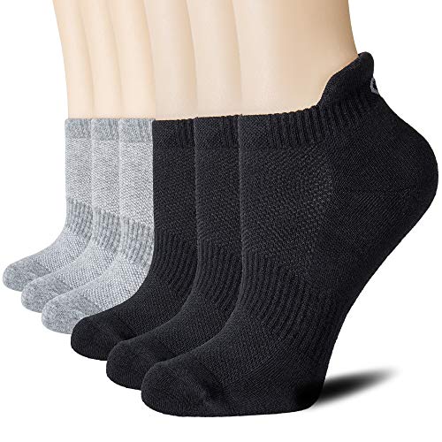 CS CELERSPORT Cushion No Show Tab Athletic Running Socks for Men and Women (6 Pairs),Medium, Black+Grey