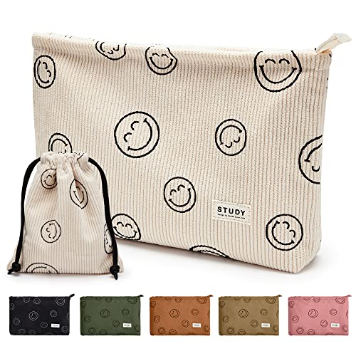 WLLWOO Makeup Bag-2pcs Smile Face Corduroy Cosmetic Bag Zipper Interior Waterproof Pencil Case Coin Purse Travel Toiletry Small Makeup Pouch For Women