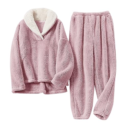BOSECETA Fluffy Pajamas Set for Women Soft Comfy Fleece Pjs Pullover Pants Loose Plush Sleepwear Fuzzy Loungewear for Winter (Pink, Medium)
