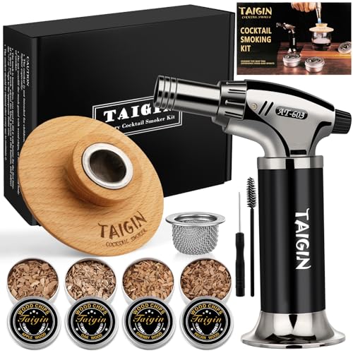 Cocktail Smoker Kit with Torch, Four Kinds of Wood Chips for Whiskey and Bourbon. Infuse Cocktails, Wine, Whiskey, Cheese, Salad and Meats. for Your Friends, Husband, Dad.（No Butane）