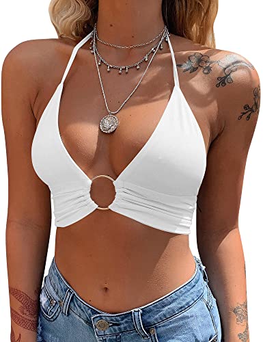 Mizoci Women's Sexy Summer Sleeveless Halter Deep V Neck Crop Top Tie Up Backless Cami,White,Medium