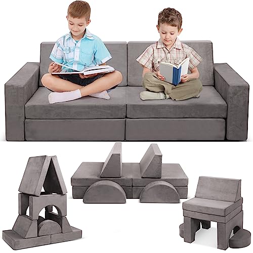 Betterhood Play Couch for Kids, Imaginative Play Set for Creative Kids,Toddler to Teen Bedroom Furniture,Girls and Boys Playroom Sofa 8PCS, Grey