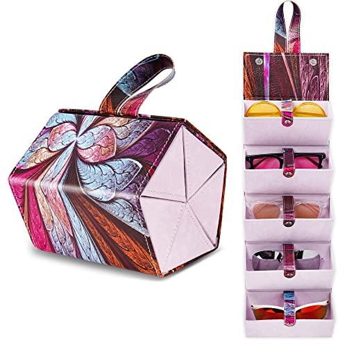 Jasenna Multiple Sunglasses Case Organizer, Travel Sunglasses Organizer with 5 Slots,Portable Sunglass Holder Storage Case for Women Men(1-Fractal Flower)