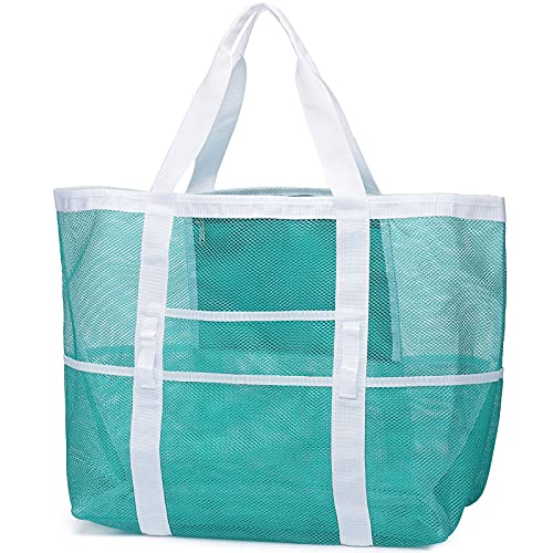 F-color Beach Bag, Mesh Beach Bag Oversized Beach Tote 9 Pockets Beach Towel Bag for Women, Men, Travel, Vocation, Grocery Shopping, Picnic, Mint Green