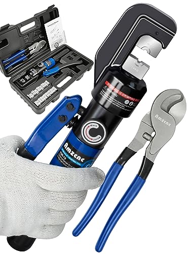 AMZCNC Hydraulic Crimping Tool and Cable Cutter Hydraulic Cable Lug Crimper 8 US TON 12 AWG to 00 (2/0) Electrical Terminal Cable Wire Tool Kit with 9 Die