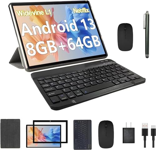 2024 Newest 2 in 1 Tablet, 10 inch Android 13 Tablets with Keyboard Case Mouse Stylus, 8GB RAM+64GB ROM 1.8GHz Quad Core, 1280*800 IPS HD Touch Screen, 8MP Dual Camera, Games, Wi-Fi, BT Tableta PC