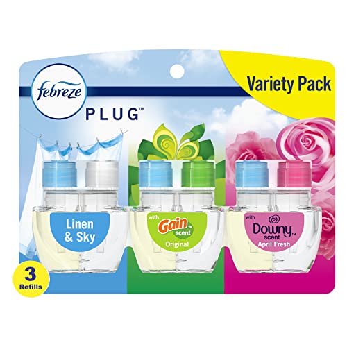 Febreze Odor-Fighting Fade Defy PLUG Air Freshener, Downy April Fresh, Gain Original, Linen & Sky, (3) .87 fl. oz. Oil Refills