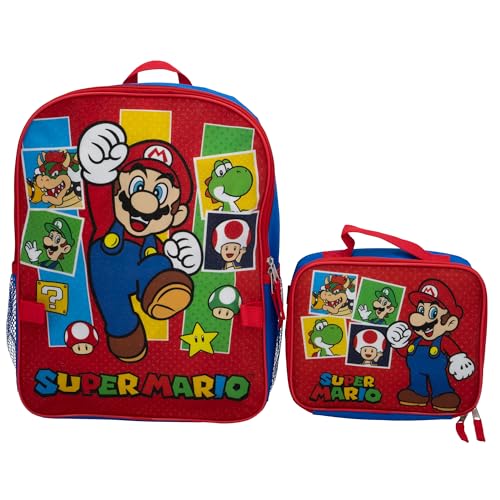 AI ACCESSORY INNOVATIONS Super Mario Brothers 2 Piece Backpack Set, Boys & Girls 16' School Bag, Blue