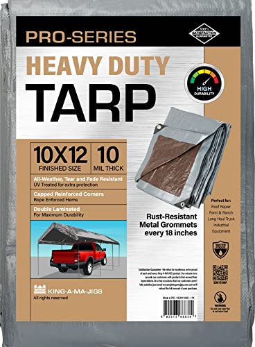 10x12 Heavy Duty Tarp, 10 Mil Thick, Waterproof, Tear & Fade Resistant, High Durability, UV Treated, Grommets Every 18 Inches. (Silver/Brown - Reversible) (10 x 12 Feet)
