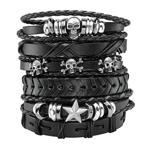 Manfnee 6Pcs Braided Leather Bracelet for Men Women Punk Rock Skull Bracelets Adjustable Black