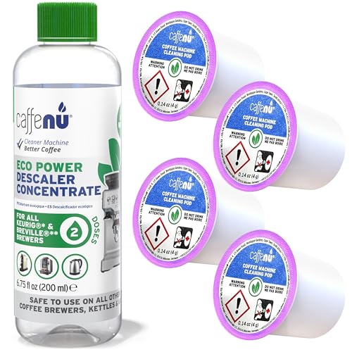 Keurig Descaling Solution and Cleaning Kit Compatible 1.0 & 2.0 K Cup Coffee Machines. 3 Month Supply. 2 uses per Bottle & 4 Keurig Cleaner Pods. Removes Limescale & Cleans Pod Area. Eco Friendly