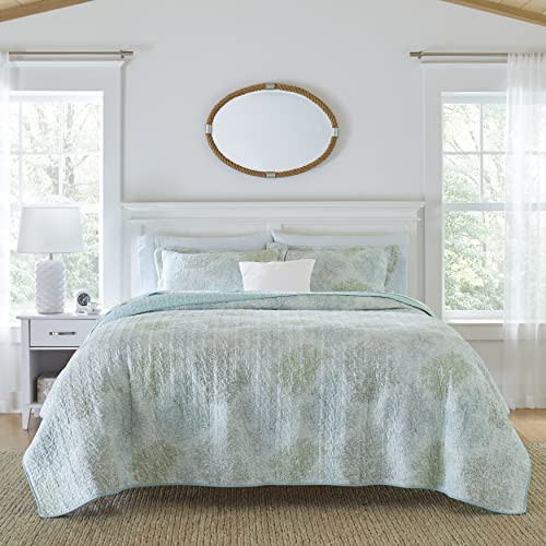 Laura Ashley Saltwater Collection Quilt Set-100% Cotton, Reversible, All Season Bedding with Matching Shams, Pre-Washed for Added Softness, Queen, Blue, 3 count