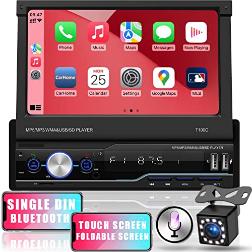 Bluetooth Car Radio Single Din with Flip Out Touch Screen,Car Stereo Apple Carplay,FM AM Car Radio Backup Camera, Hand-Free Calling,Fast Charging,EQ/USB Port/AUX/Mirror Link