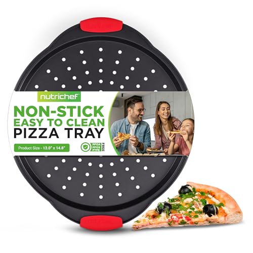 NutriChef 14-Inch Nonstick Pizza Tray - Round Carbon Steel Non-Stick Pizza Baking Pan with Perforated Holes, Premium Bakeware Pizza Screen with Silicone Grip Handles, Dishwasher Safe - NCBPIZ1