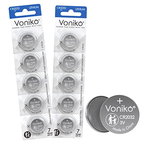 Voniko 3 Volt CR2032 Battery 10 Pack – Lithium Batteries – 2032 Button Battery Flat – 7 Years Shelf Life