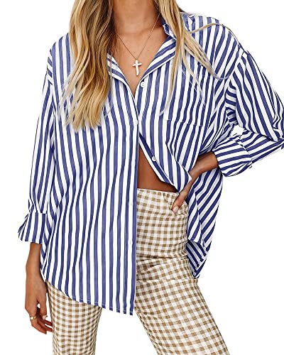 thefabland Women's Blouses Striped Long Sleeve Shirts Button Down Loose Fit Casual Tops